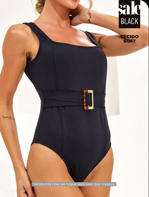 Maiô Body Decote Reto Com Cinto e Bojo removível  - Preto Soft