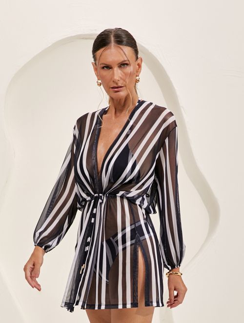 Vestido Em Tule Manga Bufante Saída De Praia - Litoral